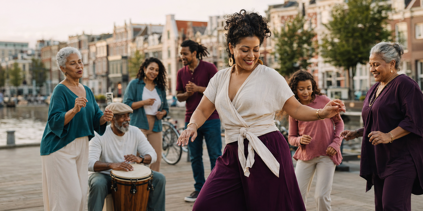 Comunidad multicultural compartiendo música y movimiento en La Haya